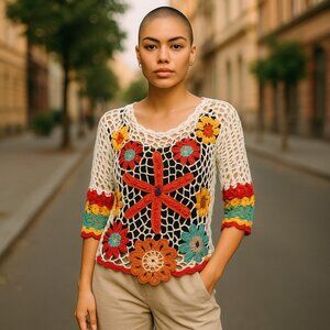 Textile Artist Crochet Floral Top Size M